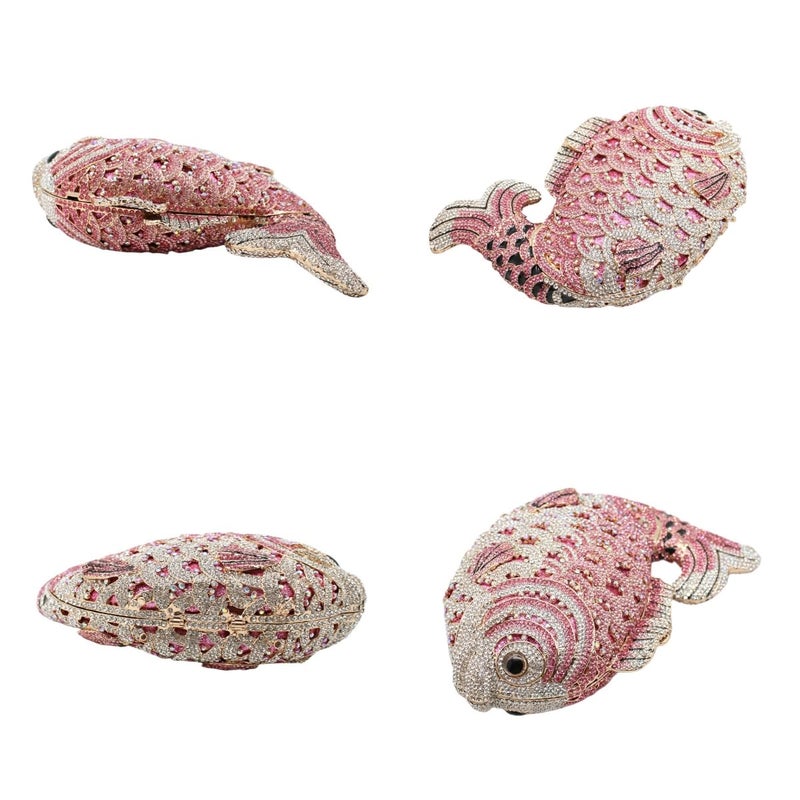 Tngan Women Mini Fish Clutch Luxury Rhinestones Purse Sparkling Banquet Handbag Wedding Party Clutch Bag, Pink - Image 5