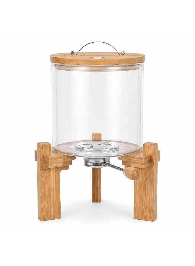 Honey Bee 5L Glass Rice Dispenser with Bamboo Lid & Wooden Stand, Airtight Grain Storage Container with Bottom Valve & Measuring Cup for Rice, Flour, Cereal Organizer 21.5x15x30.5cm - Image 1