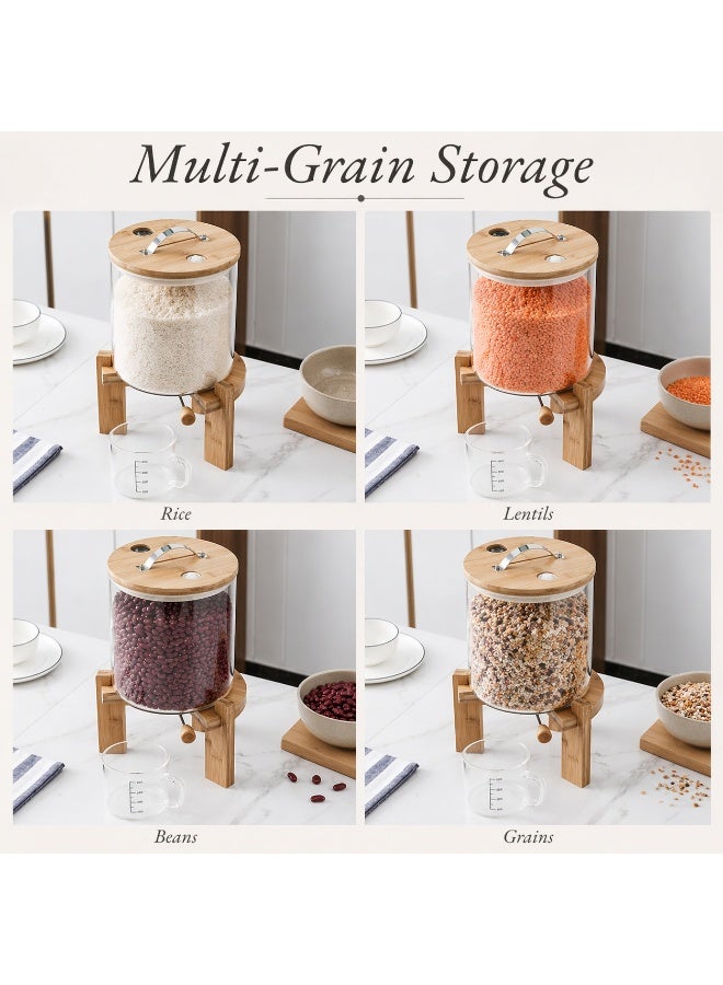 Honey Bee 5L Glass Rice Dispenser with Bamboo Lid & Wooden Stand, Airtight Grain Storage Container with Bottom Valve & Measuring Cup for Rice, Flour, Cereal Organizer 21.5x15x30.5cm - Image 2