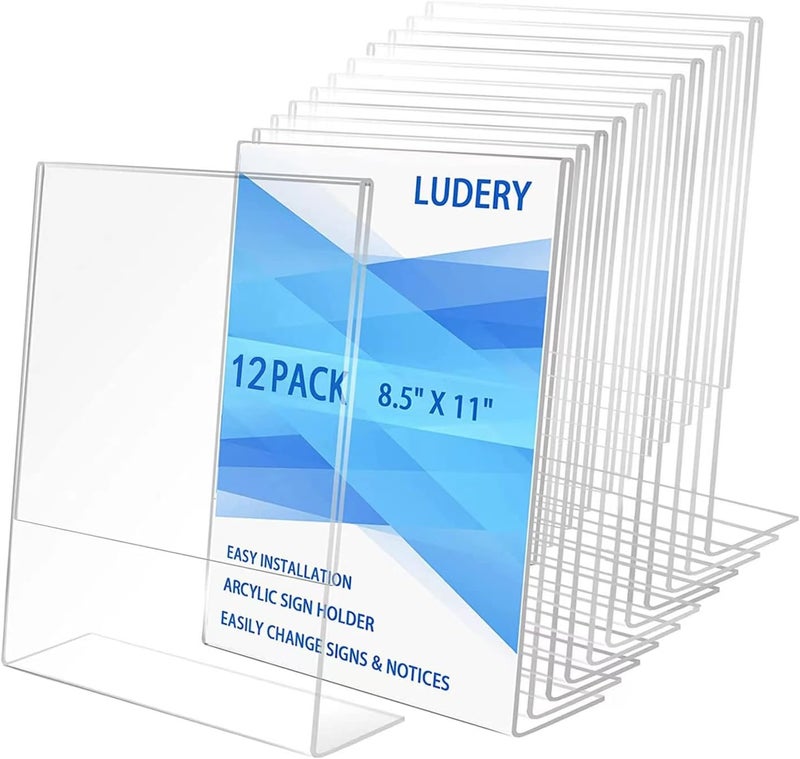 Ludery 8.5x11 Inches Acrylic Sign Slant Back Holder, Plastic Display Stand,Brochure Holder, Table Top Sign Holder For Office, Home, Store, Restaurant… (12pack) - Image 1