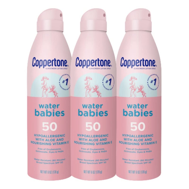 Coppertone WaterBabies Baby Sunscreen Spray SPF 50, Spray On Sunscreen for Babies, Water Resistant, 6 Oz, Pack of 3 - Image 1