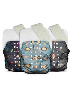 Mother Sparsh Plant Powered Cloth Diaper For Babies Free Size ; Medical Grade Fabric With 100% Organic Cotton; Reusable 13 Layer Breathable Soaker With Built In Booster Pad ; Pack Of 3 (Domino+Cosmic+Mushroom)  - Image 1