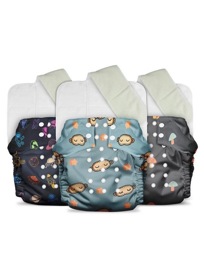 Mother Sparsh - Plant Powered Cloth Diaper For Babies Free Size ; Medical Grade Fabric With 100% Organic Cotton; Reusable 13 Layer Breathable Soaker With Built In Booster Pad ; Pack Of 3 (Domino+Cosmic+Mushroom) - Image 1