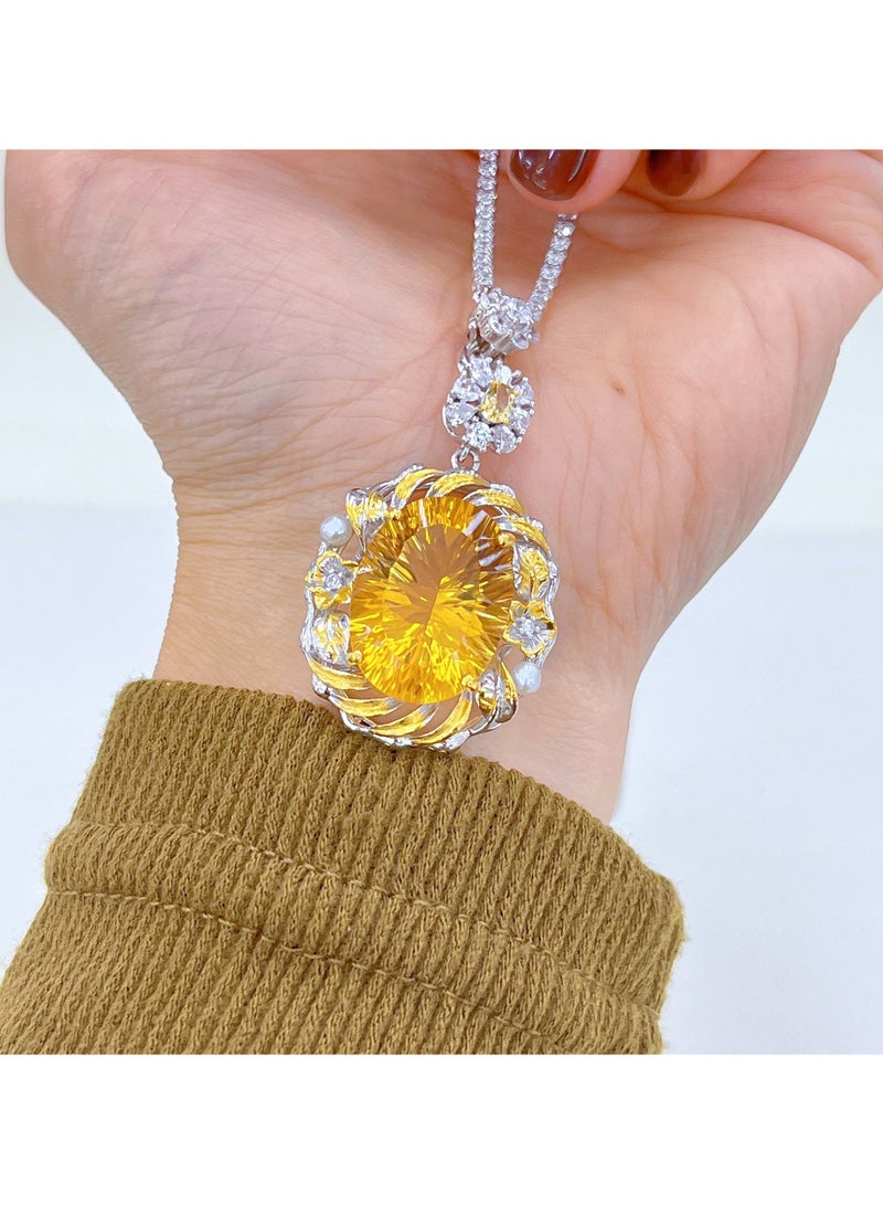 Fashion women cutted natural yellow crystal gem stone necklace pendant，925 sterling silver，part plated by gold，with national jewelry inspection certificate，no include chain  - Image 3