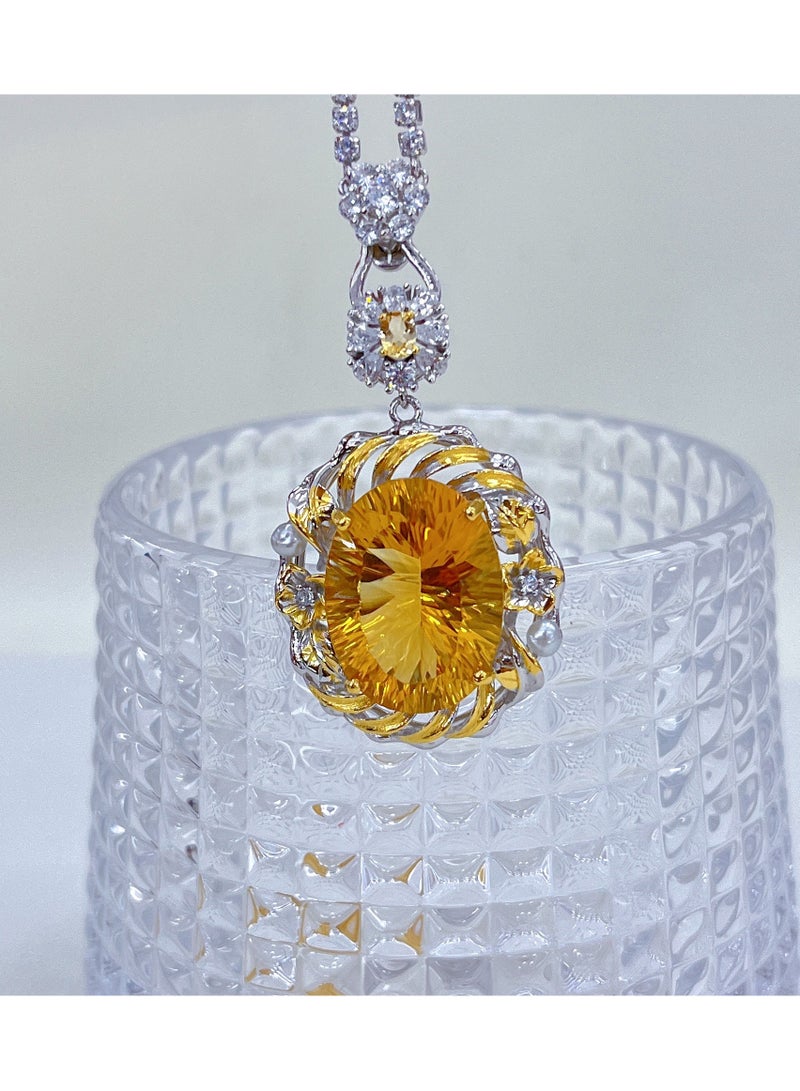 Fashion women cutted natural yellow crystal gem stone necklace pendant，925 sterling silver，part plated by gold，with national jewelry inspection certificate，no include chain  - Image 1