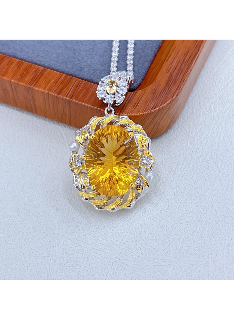 Fashion women cutted natural yellow crystal gem stone necklace pendant，925 sterling silver，part plated by gold，with national jewelry inspection certificate，no include chain  - Image 2