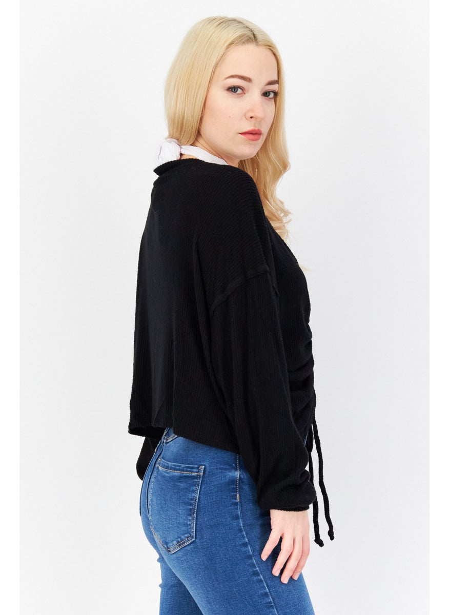 Aqua - Women Round Neck Plain Long Sleeve Sweater, Black - Image 1