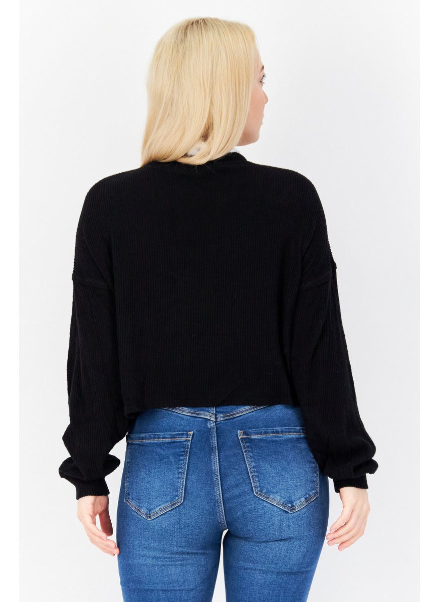 Aqua - Women Round Neck Plain Long Sleeve Sweater, Black - Image 1