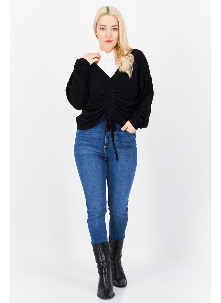 Aqua - Women Round Neck Plain Long Sleeve Sweater, Black - Image 1