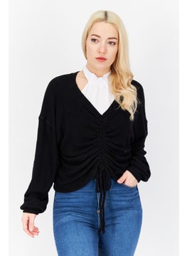 Women Round Neck Plain Long Sleeve Sweater, Black