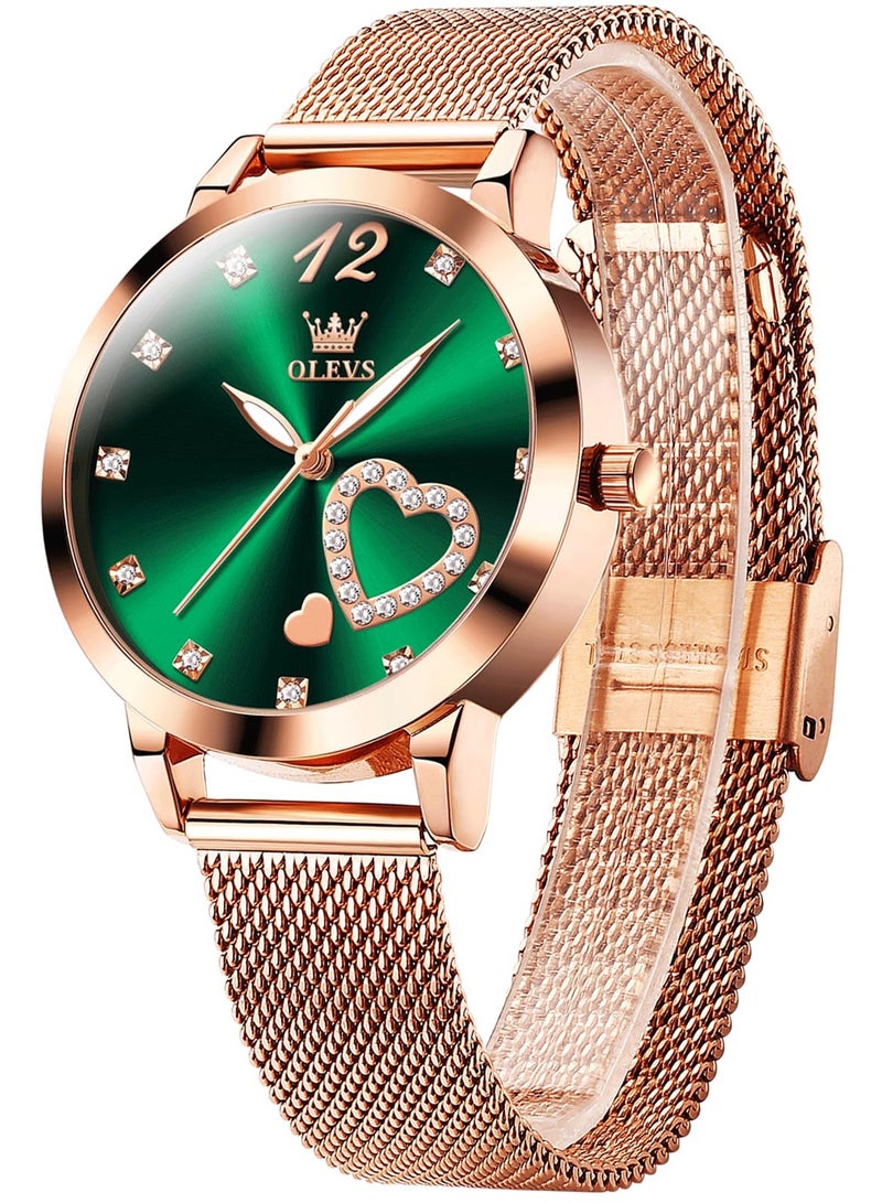 أوليفز ساعة يد نسائية صغيرة من الذهب الوردي مع قرص على شكل قلب من الألماس بأرقام عربية أنيقة مقاومة للماء بسوار شبكي وساعة رسمية تناظرية للنساء - Image 1