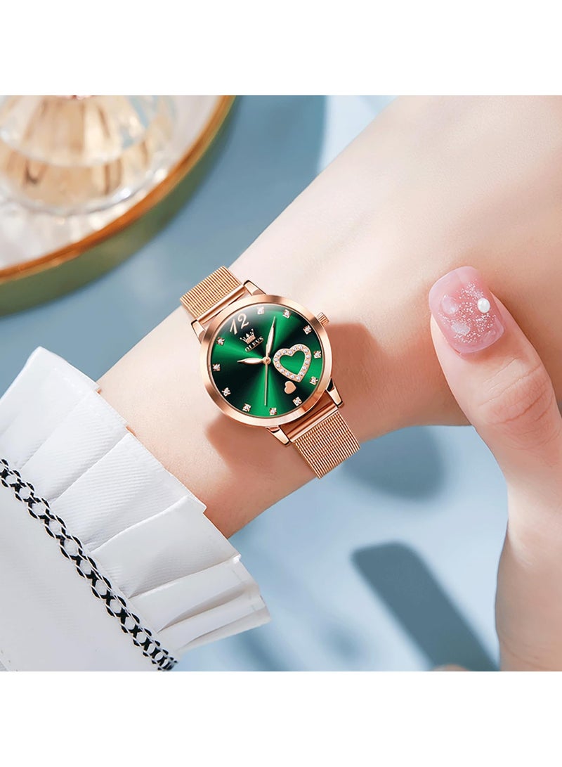 أوليفز ساعة يد نسائية صغيرة من الذهب الوردي مع قرص على شكل قلب من الألماس بأرقام عربية أنيقة مقاومة للماء بسوار شبكي وساعة رسمية تناظرية للنساء - Image 2