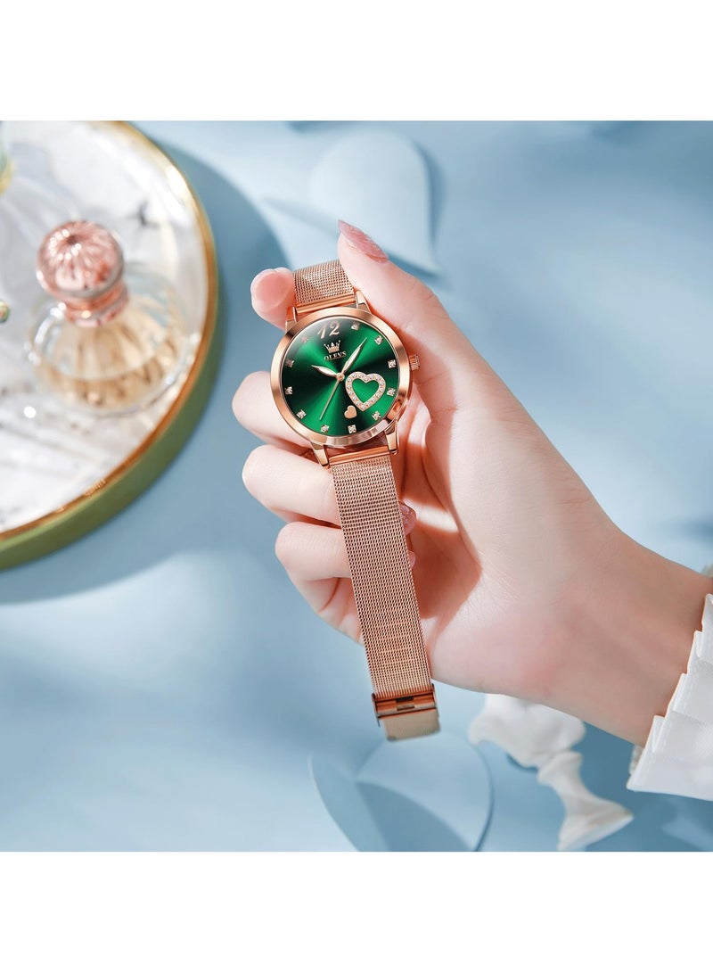 أوليفز ساعة يد نسائية صغيرة من الذهب الوردي مع قرص على شكل قلب من الألماس بأرقام عربية أنيقة مقاومة للماء بسوار شبكي وساعة رسمية تناظرية للنساء - Image 4