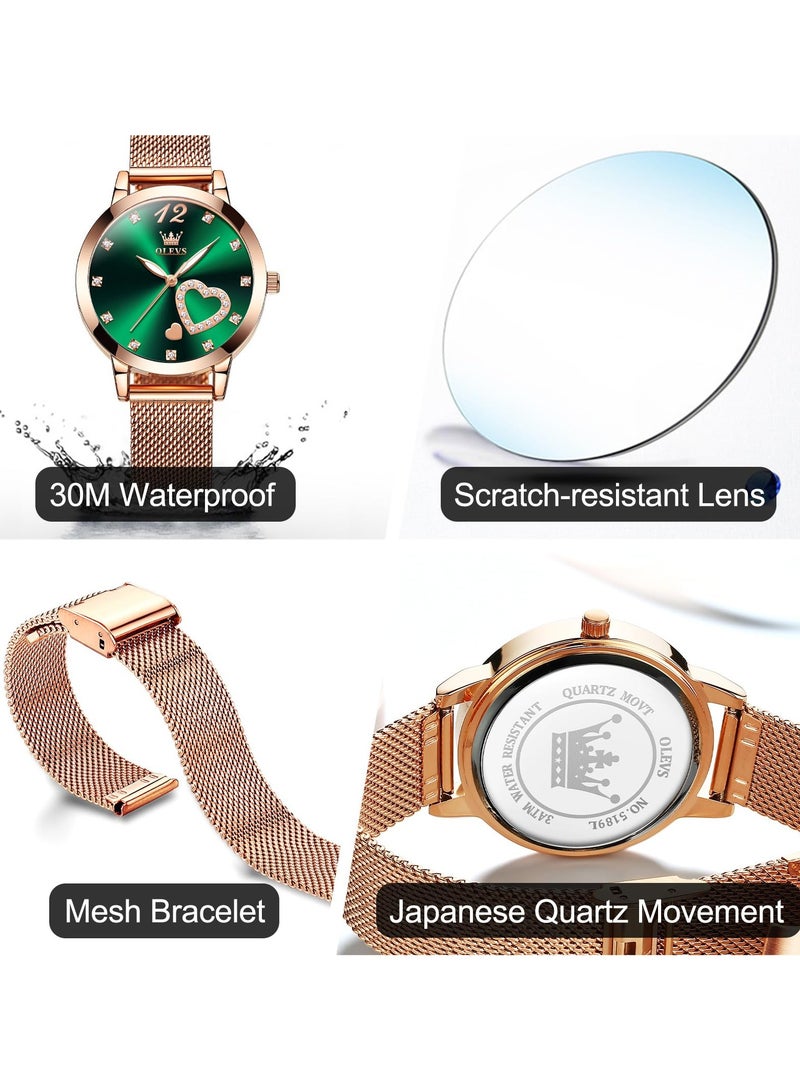 أوليفز ساعة يد نسائية صغيرة من الذهب الوردي مع قرص على شكل قلب من الألماس بأرقام عربية أنيقة مقاومة للماء بسوار شبكي وساعة رسمية تناظرية للنساء - Image 5