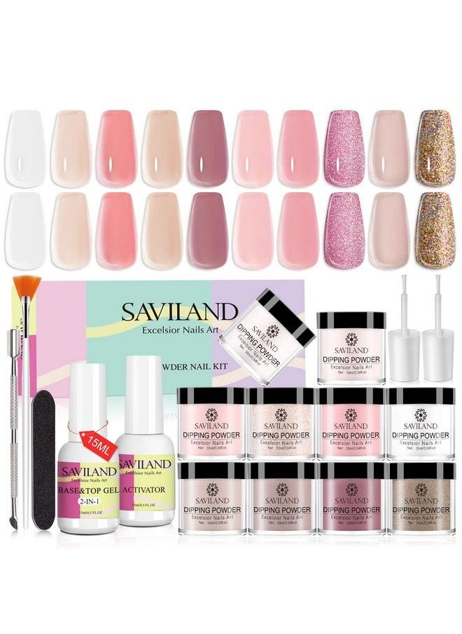 Saviland 10 Colors Dip Powder Nail Kit Starter 17Pcs Nudes Pink Spring Colors Dip Nails Powder Starter Kit With 15Ml 2In1 Base & Top Coat Activator For Nail Repair Salon Use Home Diy Gift For Ladies  - Image 2