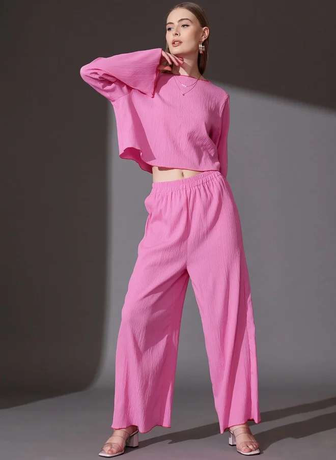 STREET 9 Pink Self Design Top & Palazzos Co-ord Set for Women