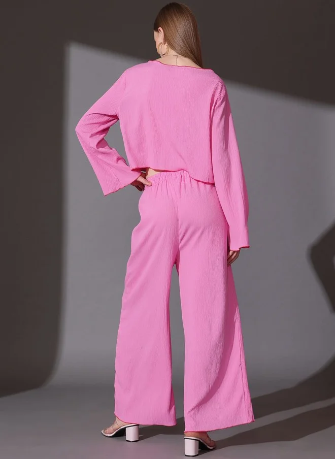 STREET 9 Pink Self Design Top & Palazzos Co-ord Set for Women