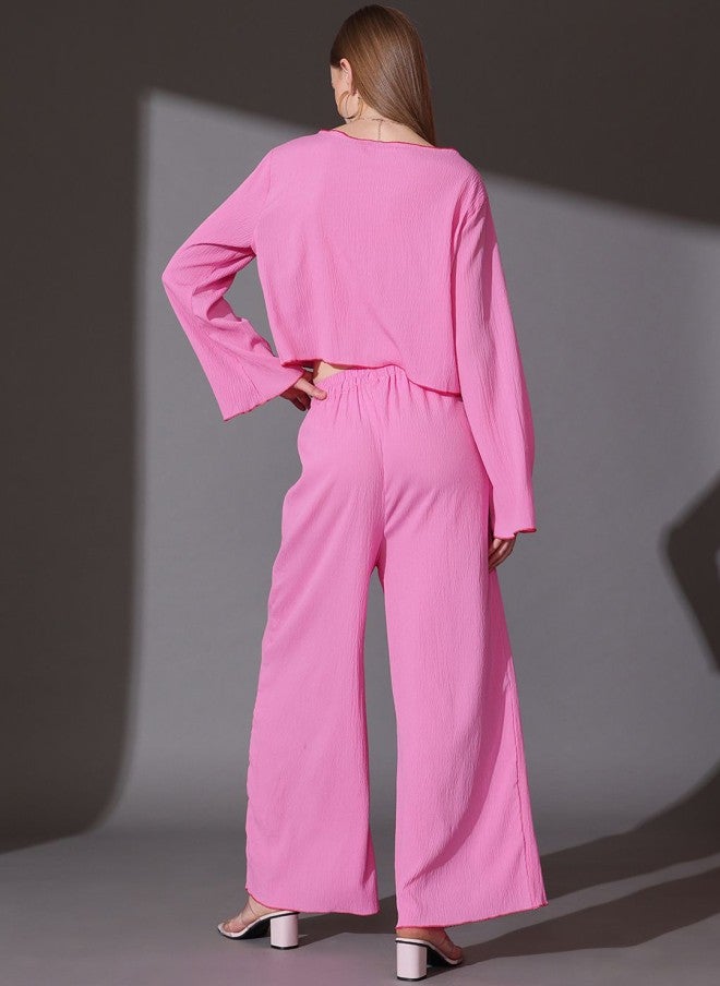 STREET 9 طقم نسائي وردي بتصميم ذاتي بلوزة وبنطلون بالازو - Image 5