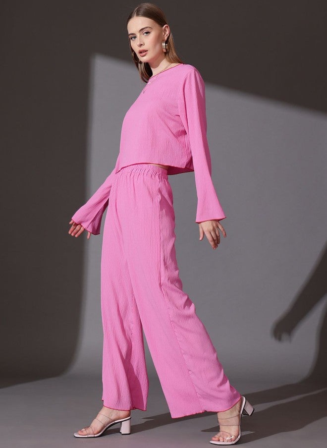 STREET 9 طقم نسائي وردي بتصميم ذاتي بلوزة وبنطلون بالازو - Image 4
