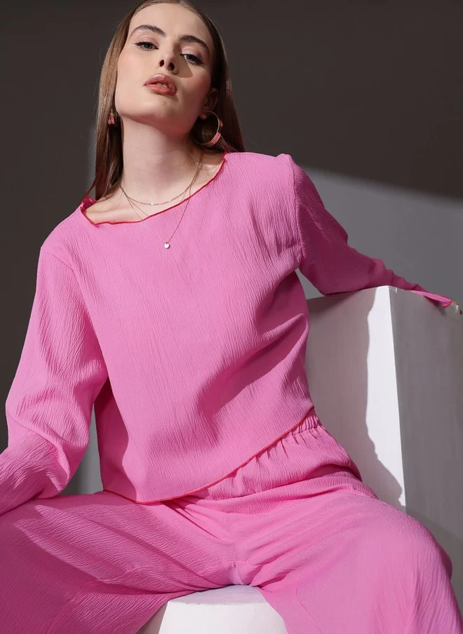STREET 9 Pink Self Design Top & Palazzos Co-ord Set for Women