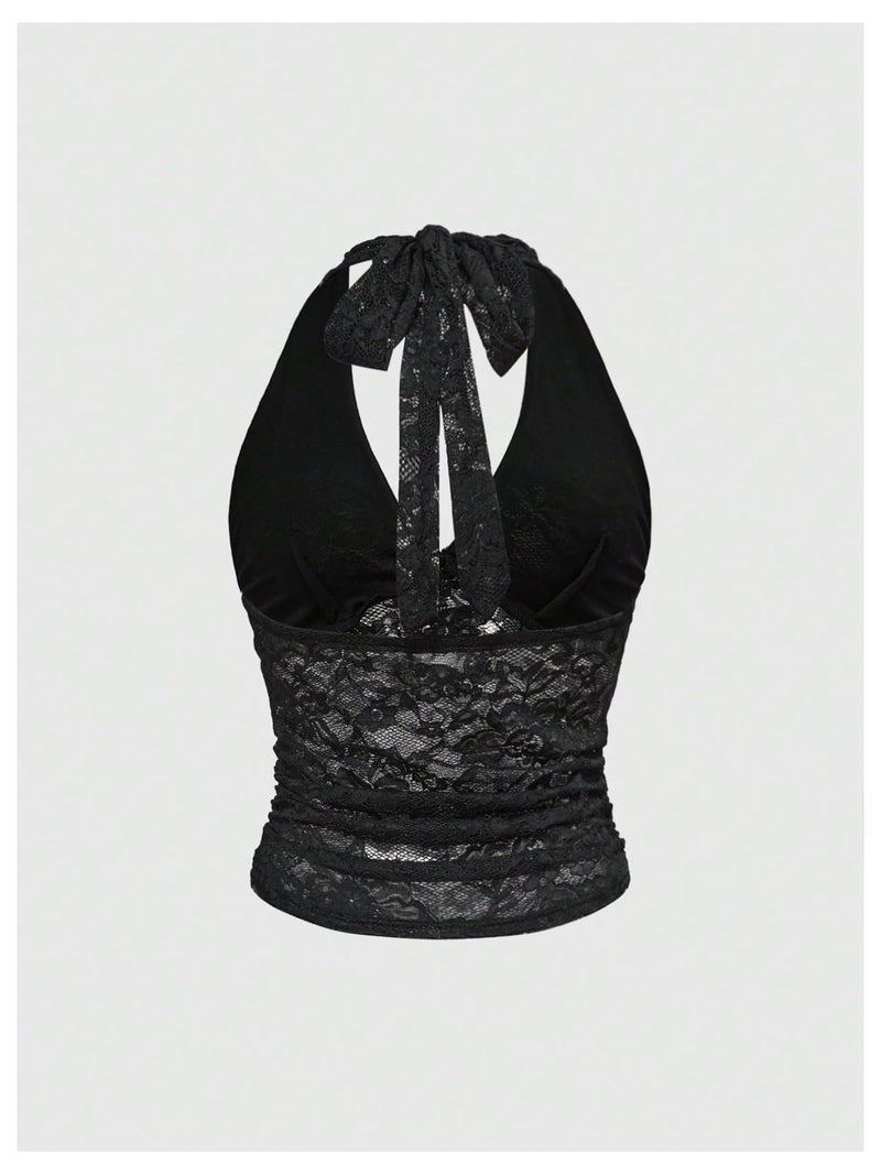 Verdusa Women's Y2k Gothic Goth Halter Top Mesh Sheer Backless Going Out Tops Emo Grunge Clothes Rave Outfits Black Lace Medium - Image 2