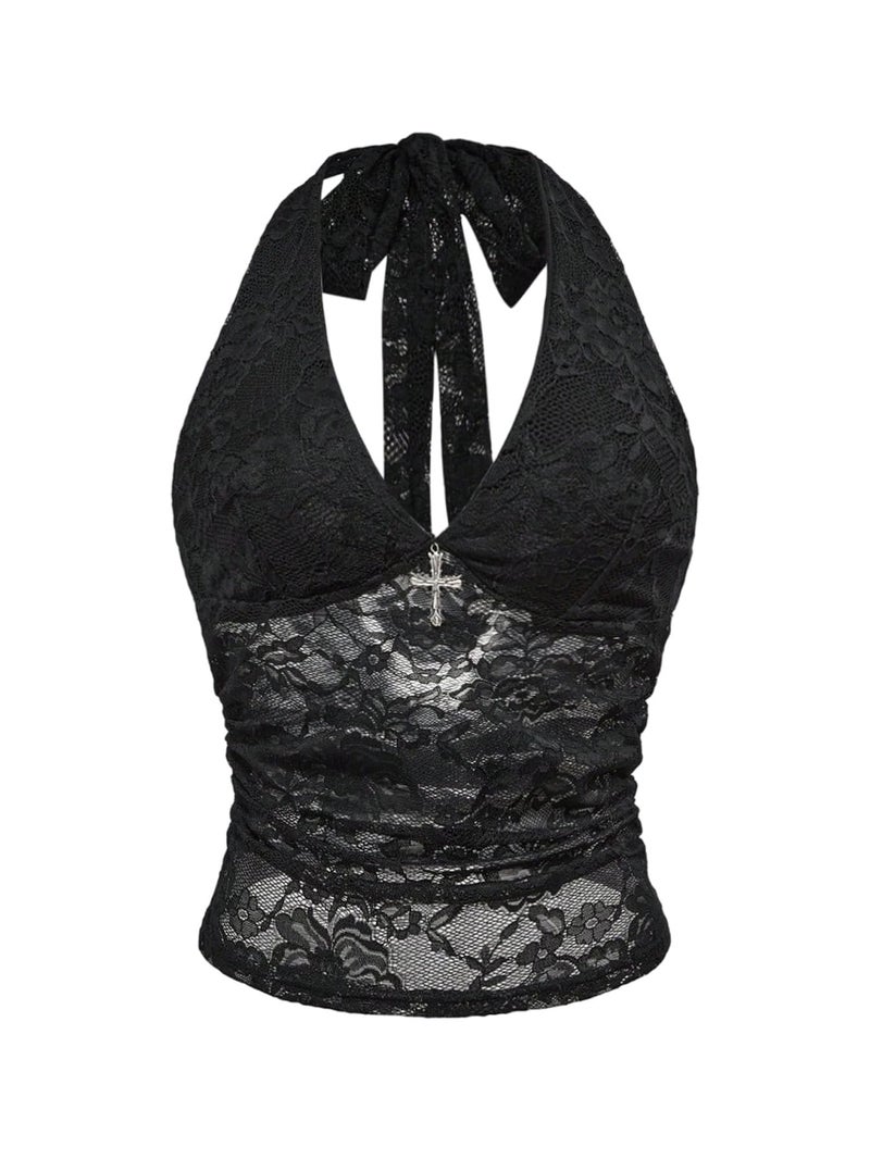 Verdusa Women's Y2k Gothic Goth Halter Top Mesh Sheer Backless Going Out Tops Emo Grunge Clothes Rave Outfits Black Lace Medium - Image 1