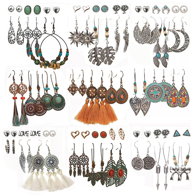 JMScape 45 Pairs Boho Vintage Drop Dangle Earrings Set for Women, Fashion Bohemian Earrings National Style Tassel Eardrop Hollow Bronze Waterdrop Leaf Jewelry for Valentine's Day Gifts - Image 1