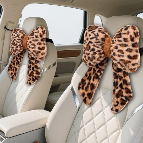 iHUFeather 2 Pack Bow Car Headrest Pillow Comfortable Soft Plush Head Rest Cushion, Neck Pillow for Driving Office Use and Car Interior Decoration (Leopard) - Image 1