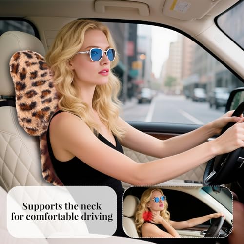 iHUFeather 2 Pack Bow Car Headrest Pillow Comfortable Soft Plush Head Rest Cushion, Neck Pillow for Driving Office Use and Car Interior Decoration (Leopard) - Image 3