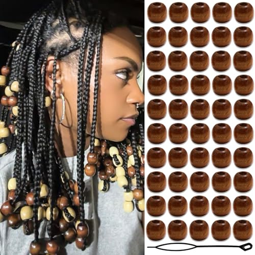 VENOFEN 60PCS Large Wood Beads Brown Natural Wooden Bead for Locs Vintage Dreadlock Jewelry Hair Braids Accessories for Women Girls - Image 1