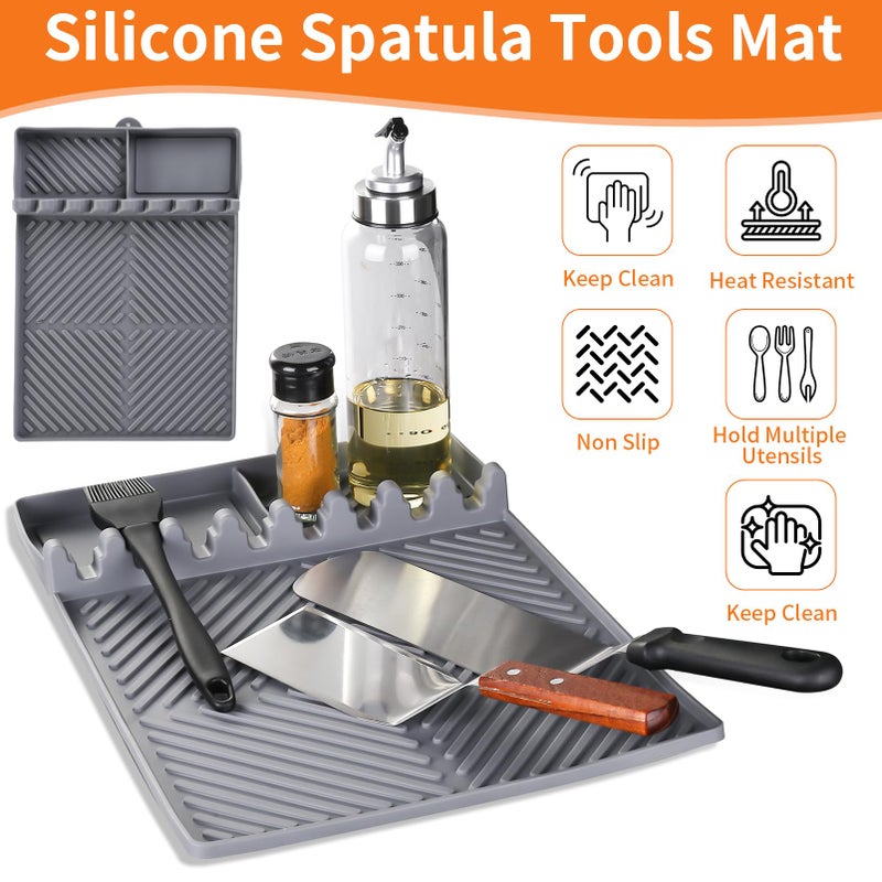 Find law Griddle Mat Barbeque Grill Accessories Tools for Blackstone, Side Shelf Mat Grill Pad for Outdoor Grill Kitchen Counter Spatula Silicone Mat with Drip Pad for Kitchen, Cooking, Countertop (Grey) - Image 4