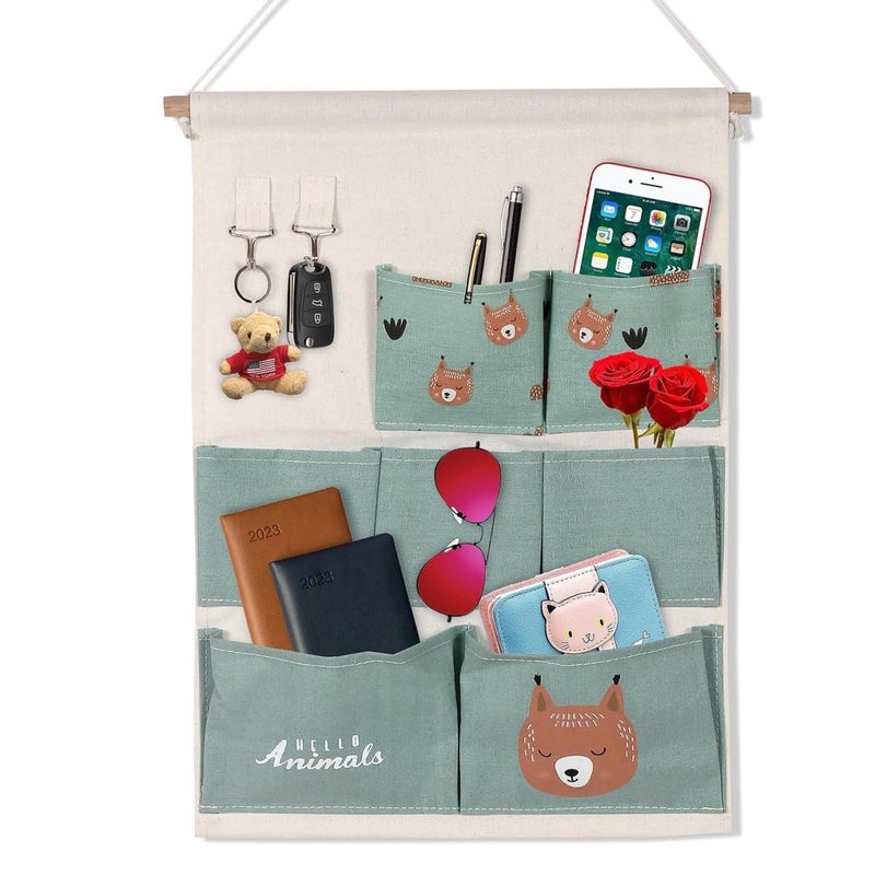 Zerolex Cotton Linen Wall Hanging Storage Bag with 7 Pockets 2 Hooks 35 x 50 cm Multi Design - Image 4