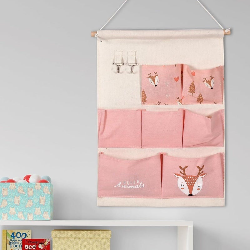 Zerolex Cotton Linen Wall Hanging Storage Bag with 7 Pockets 2 Hooks 35 x 50 cm Multi Design - Image 5