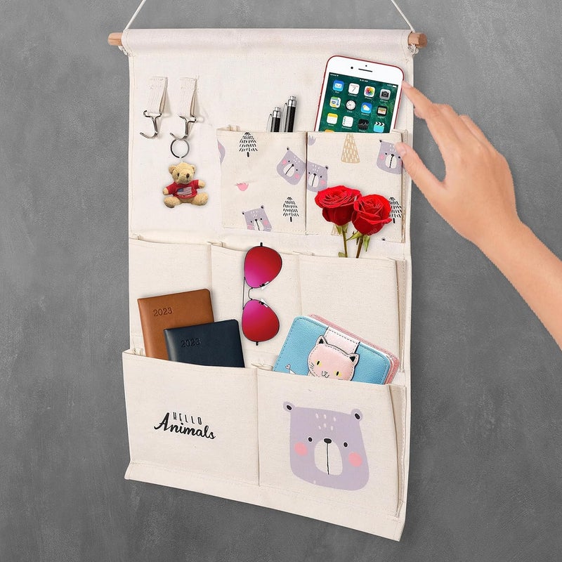 Zerolex Cotton Linen Wall Hanging Storage Bag with 7 Pockets 2 Hooks 35 x 50 cm Multi Design - Image 2