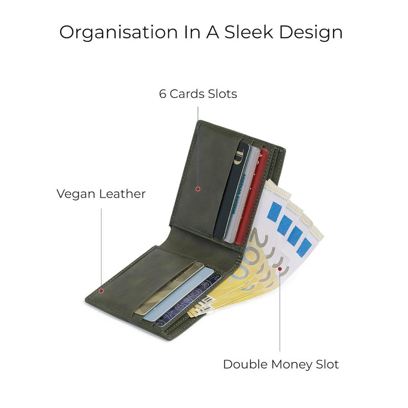 EUME Zen Wallet for Men, Olive Green | Slim Bifold Premium Vegan Leather | 6 Card Slots, 2 Compartments, 2 Slip Pockets| Stylish & Durable Men Wallet | Perfect for Everyday Use - Image 4