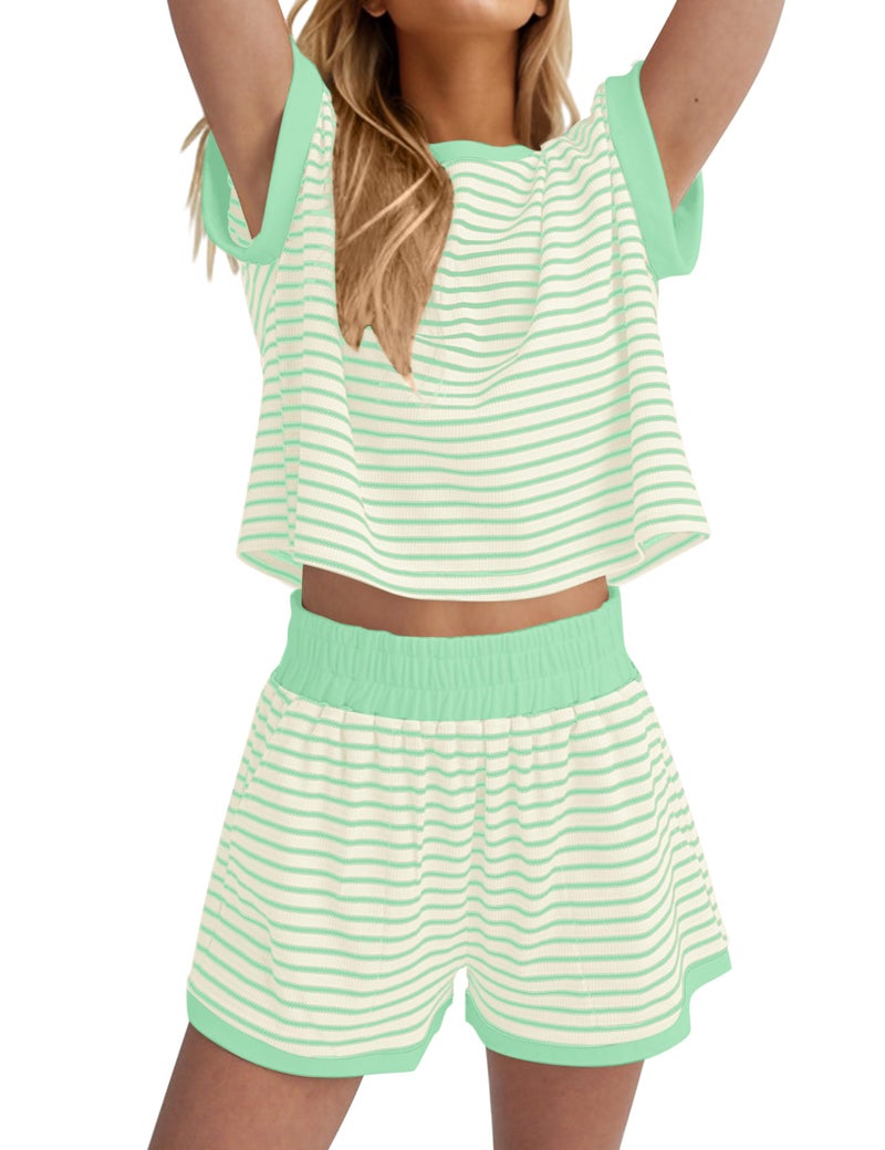 MISSACTIVER 2 Piece Lounge Set Women Stripe Knit Short Sleeve Tee Shirts Shorts Casual Summer Loungewear Shorts Sets - Image 1