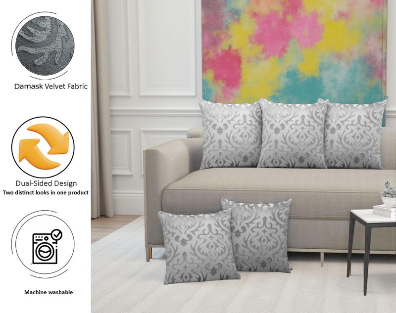 STARNSTYLE Velvet Decorative Cushion Cover 24x24 Inch - Set of 5, Soft Solid Damask Square Throw Pillow Covers for Sofa, Living Room or Home Decor - 60x60 cm Grey - Image 2