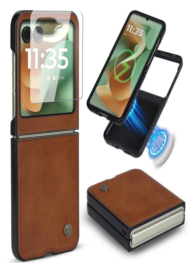ASAPDOS Leather Folio Magnetic Case for Motorola Razr 2025[Compatible with MagSafe],Built-in Screen Protector and PU Leather Thin Slim Protective Case Cover Brown - Image 1