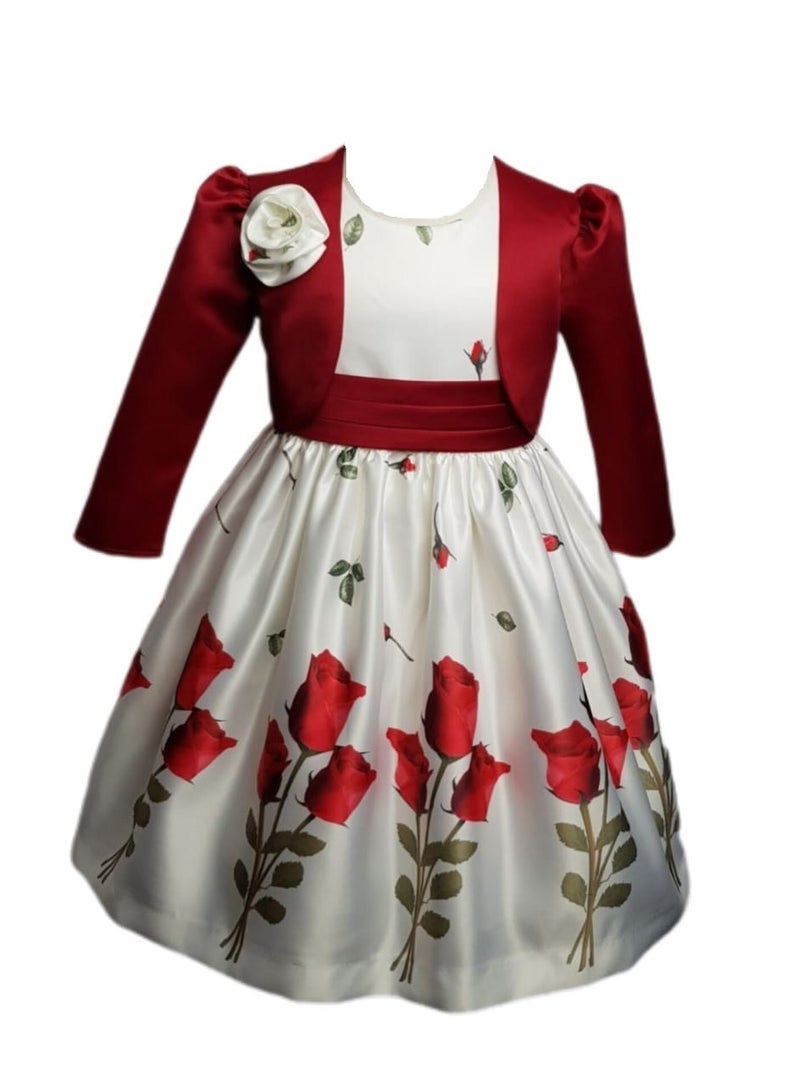 Little miss Bella Sleeveless Girls Satin Rose Dress Girls Party Wear Dresses Round Neck Casual Dress Flower Dress with A Matching Jacket 
