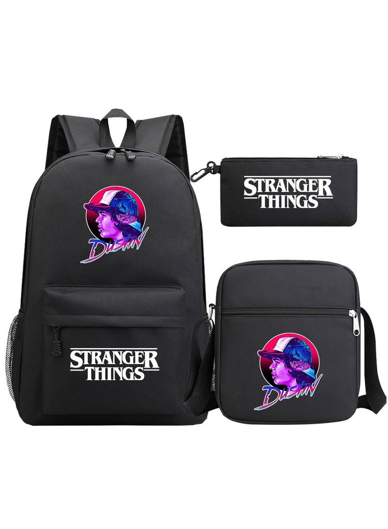 Three piece set of printed youth student school backpack, men's and women's shoulder bags, large capacity backpack, black