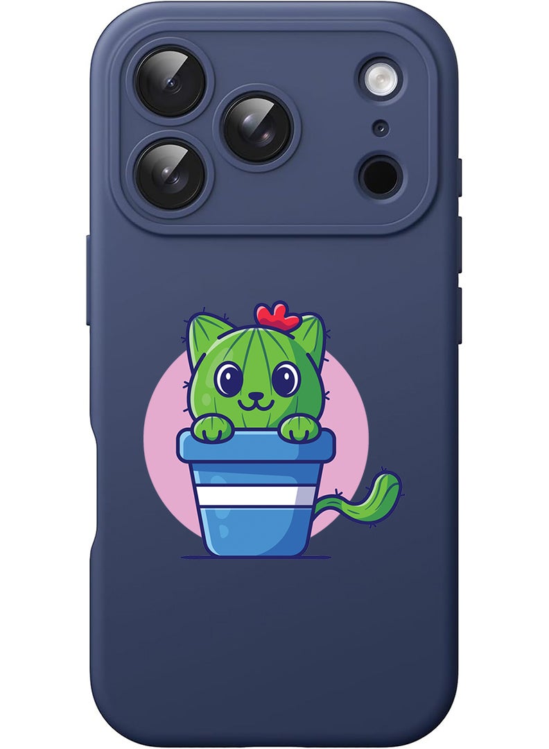 Theodor Protective Slim Fit Case Liquid Silicone Cover with Full Body Protection Anti-Scratch Shockproof Case For Apple iPhone 17 Pro Max (Blue) Cute Cat Cactus - Image 1