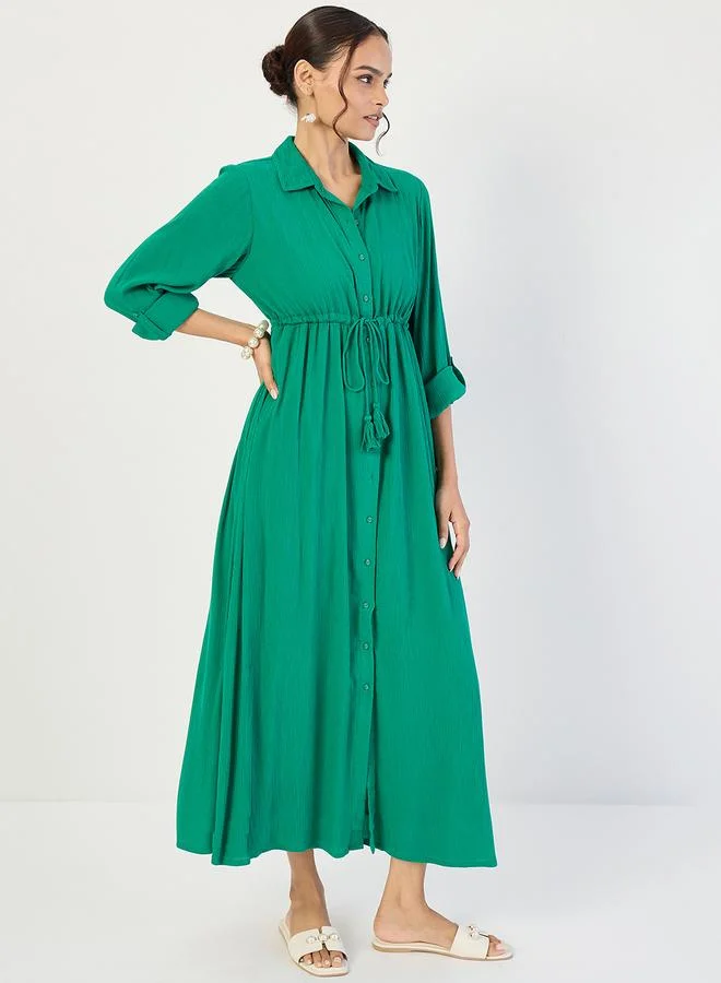 Femmella  Women Emerald Green Crinkled Button Down Maxi Dress for Women | Best Price UAE