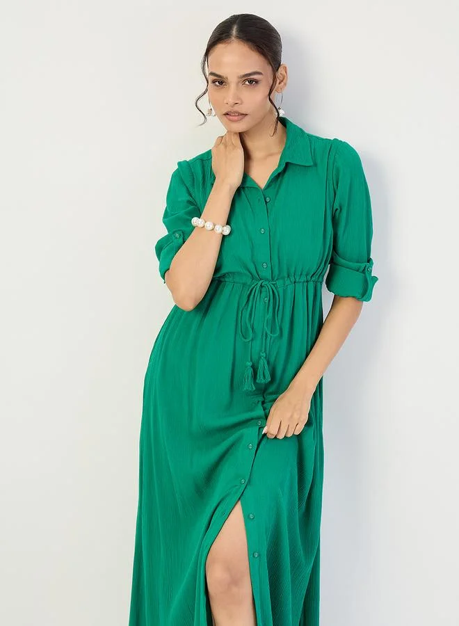 Femmella  Women Emerald Green Crinkled Button Down Maxi Dress for Women | Best Price UAE