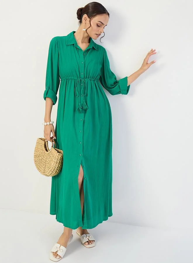 Femmella  Women Emerald Green Crinkled Button Down Maxi Dress for Women | Best Price UAE