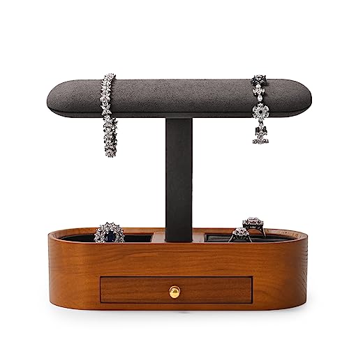 Oirlv Solid Wood Watch Stand with Drawer Tbar Watch Holder Organizer for Men and Women Showcase Bracelet Bangle Jewelry Display Stand Rings Earrings Necklace StorageDrawerGrey - Image 3