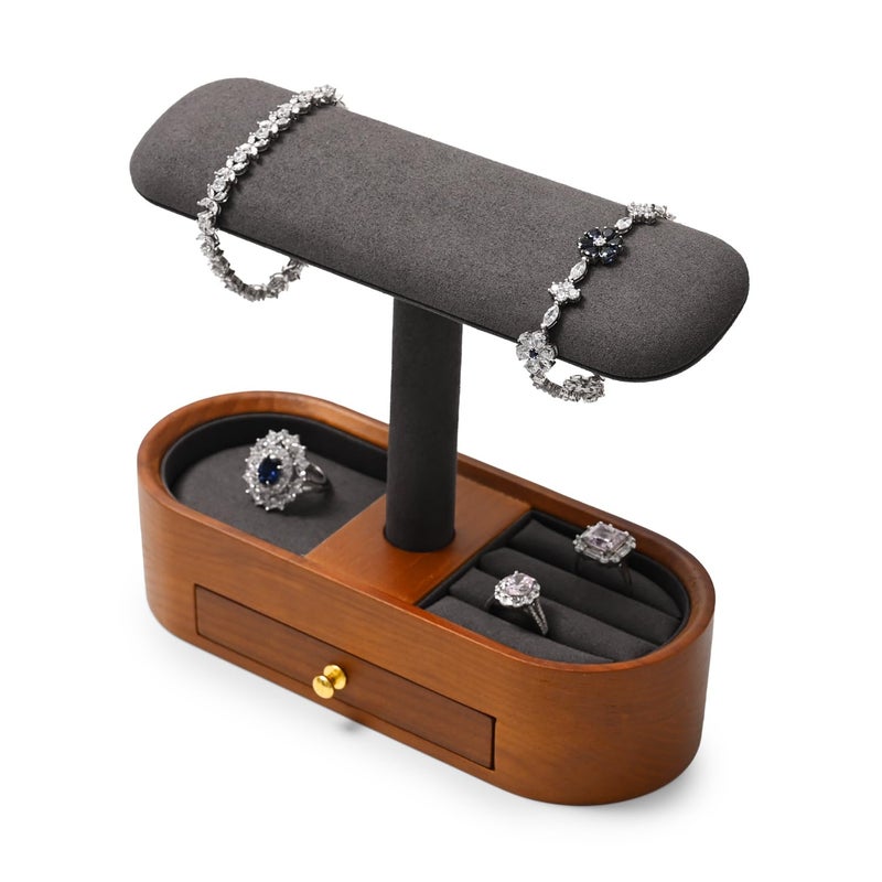 Oirlv Solid Wood Watch Stand with Drawer Tbar Watch Holder Organizer for Men and Women Showcase Bracelet Bangle Jewelry Display Stand Rings Earrings Necklace StorageDrawerGrey - Image 2