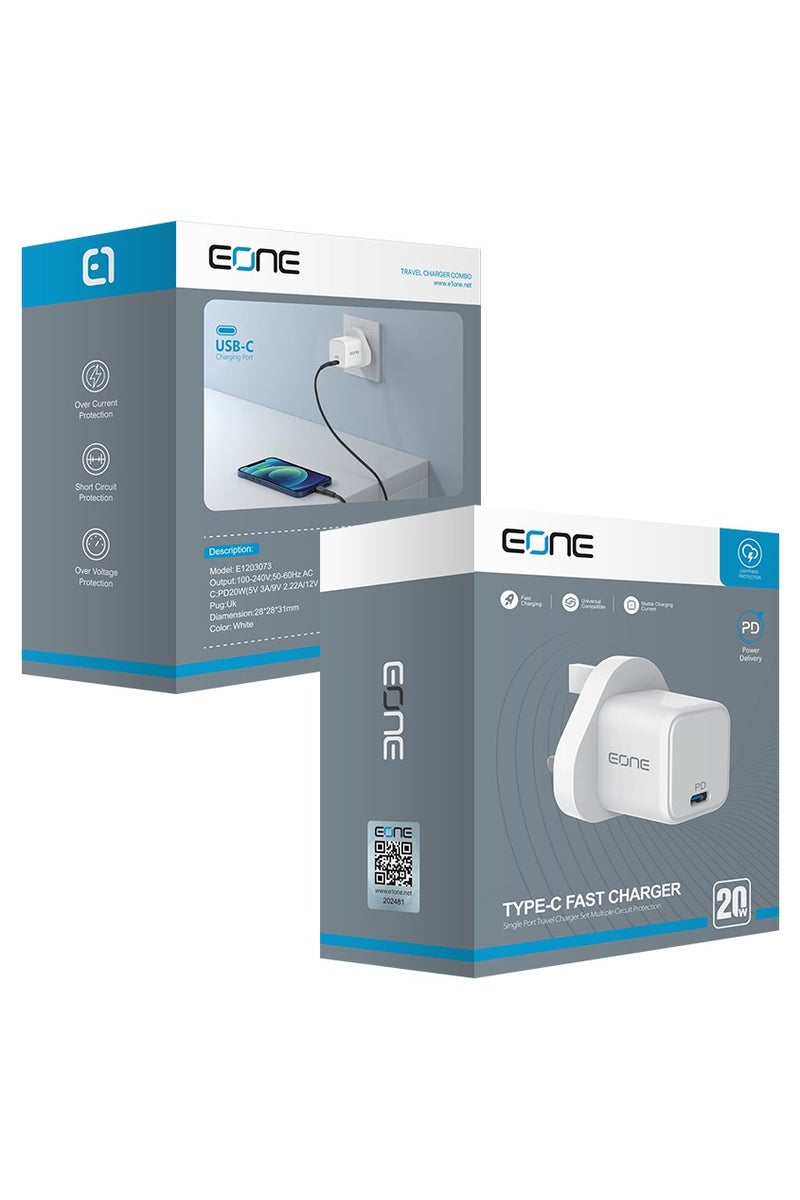 Eone 20W PD Fast Wall Charger – Type-C for iPhone Charge your iPhone quickly and efficiently with this 20W Type-C wall charger featuring Power Delivery (PD) technology. - Image 3