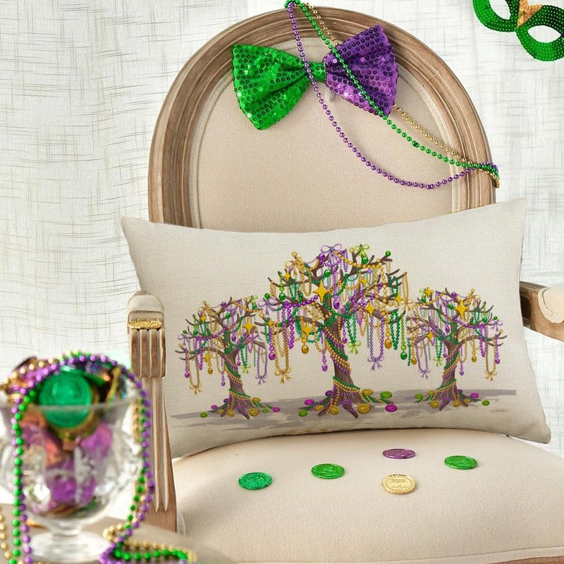 RABUSOFA Mardi Gras Pillow Cover 12x20 Inch Trees Beads Decorative Pillow Case Holiday Decorations for Home Sofa Couch - Image 3