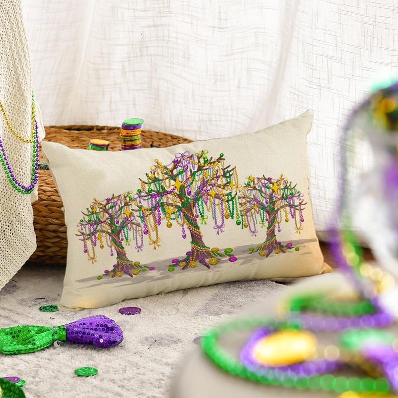 RABUSOFA Mardi Gras Pillow Cover 12x20 Inch Trees Beads Decorative Pillow Case Holiday Decorations for Home Sofa Couch - Image 4