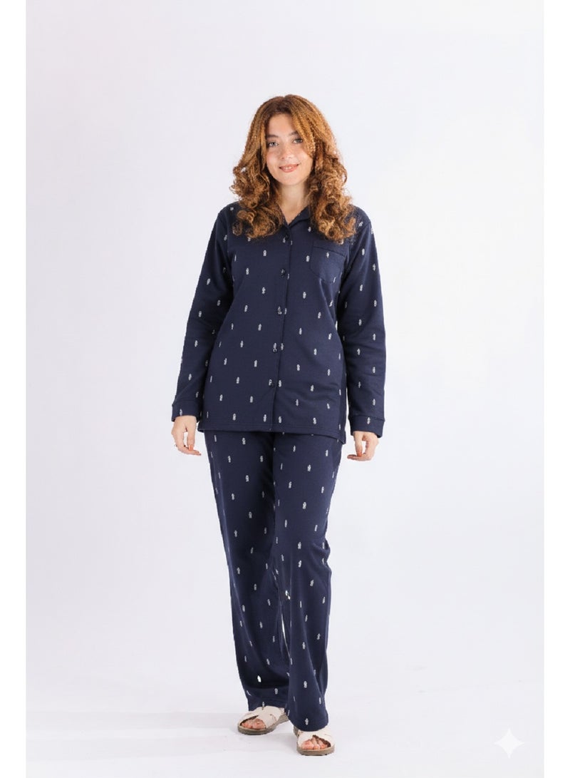 Jet Women’s Winter Pajama Set – Soft and Warm Milton Fabric-Navy Blue